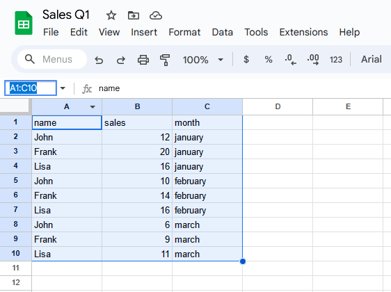 Google Sheets with cells A1:C10 selected and the range shown in the Name Box at the top-left